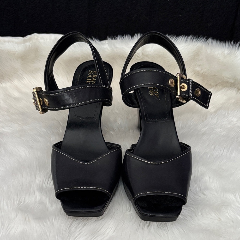 Franco Sarto Genuine Black Leather Open-Toe Slingback Heels with Gold Buckle
